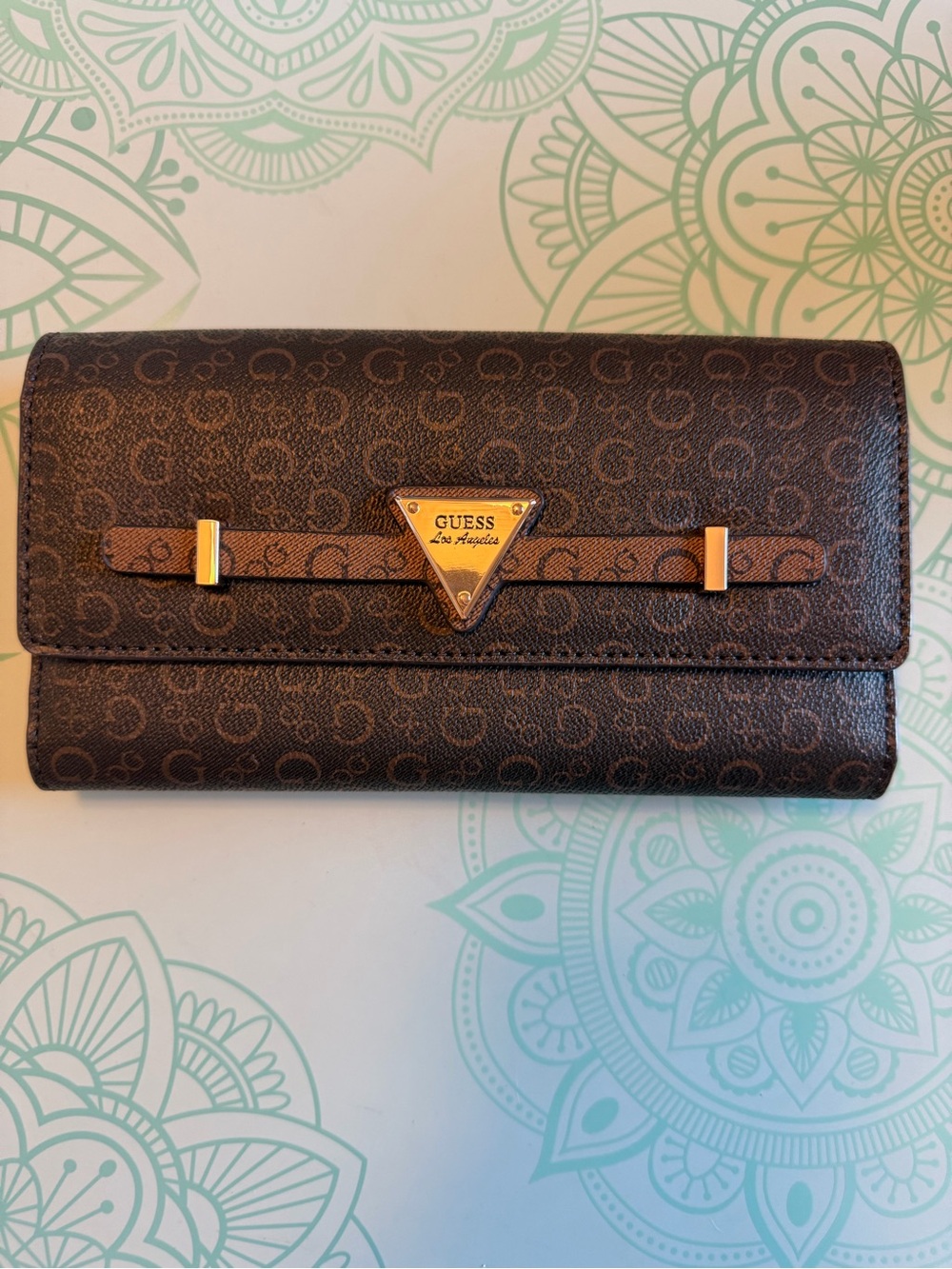 Guess Brown Logo Continental Wallet with Gold Accent